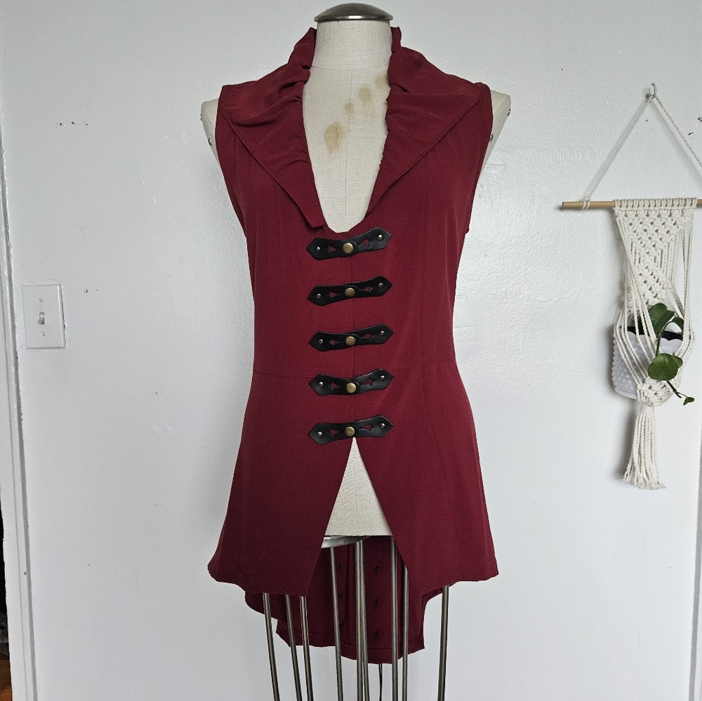 Red Gothic Vest with Notched Collar and Corset Like Details.